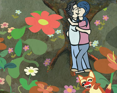 boy and girl in forest with little fox