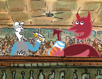 boy and a purple devil with big horns sharing a few drinks in a water color bar
