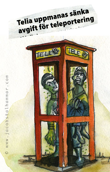 two famous travellers (spock and kirk) trapped in a phonebooth. newspaper clipping: telia should cut the price of teleportation